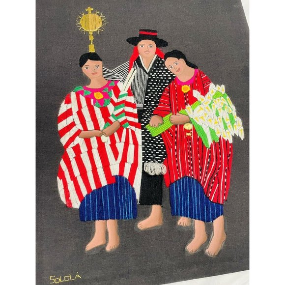 Solola Black Stretched Folk Art Embroidered Spanish Textile Frameless Picture - Picture 2 of 12